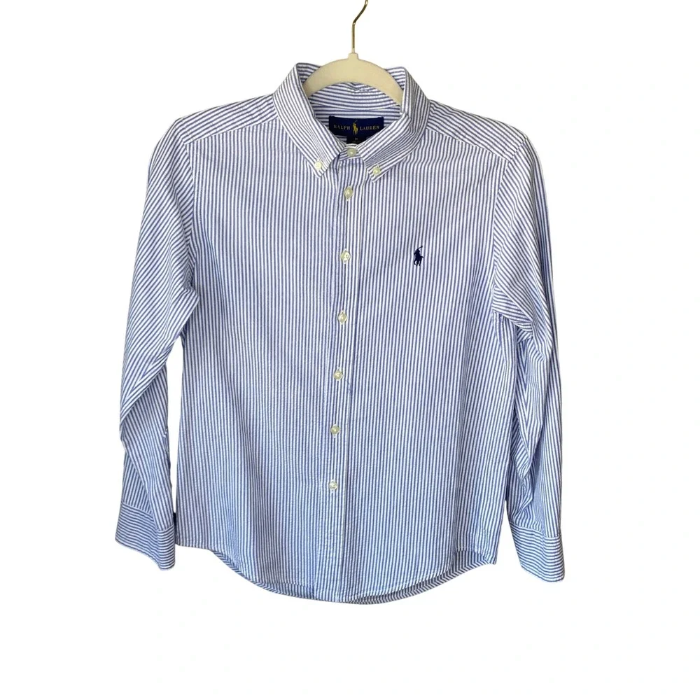 Ralph Lauren Boys Blue White Seersucker Striped Button Down Shirt Size M 10-12